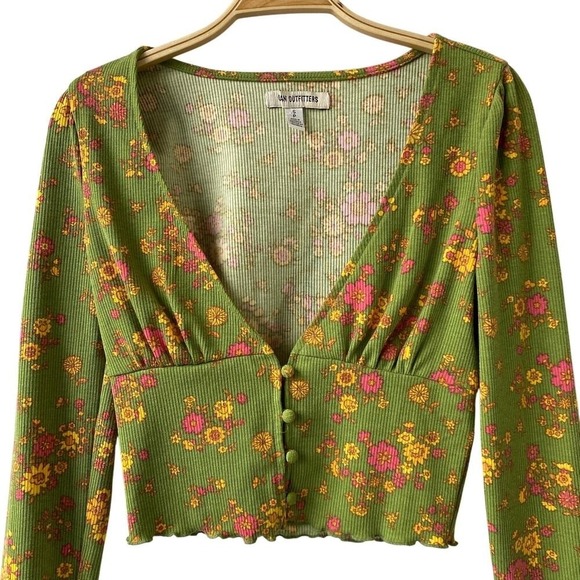 Urban Outfitters Floral Babydoll Top Women S Green Rib Knit Cottagecore Retro - Picture 2 of 10
